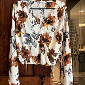 Sage Floral Wrap Blouse - White and Brown